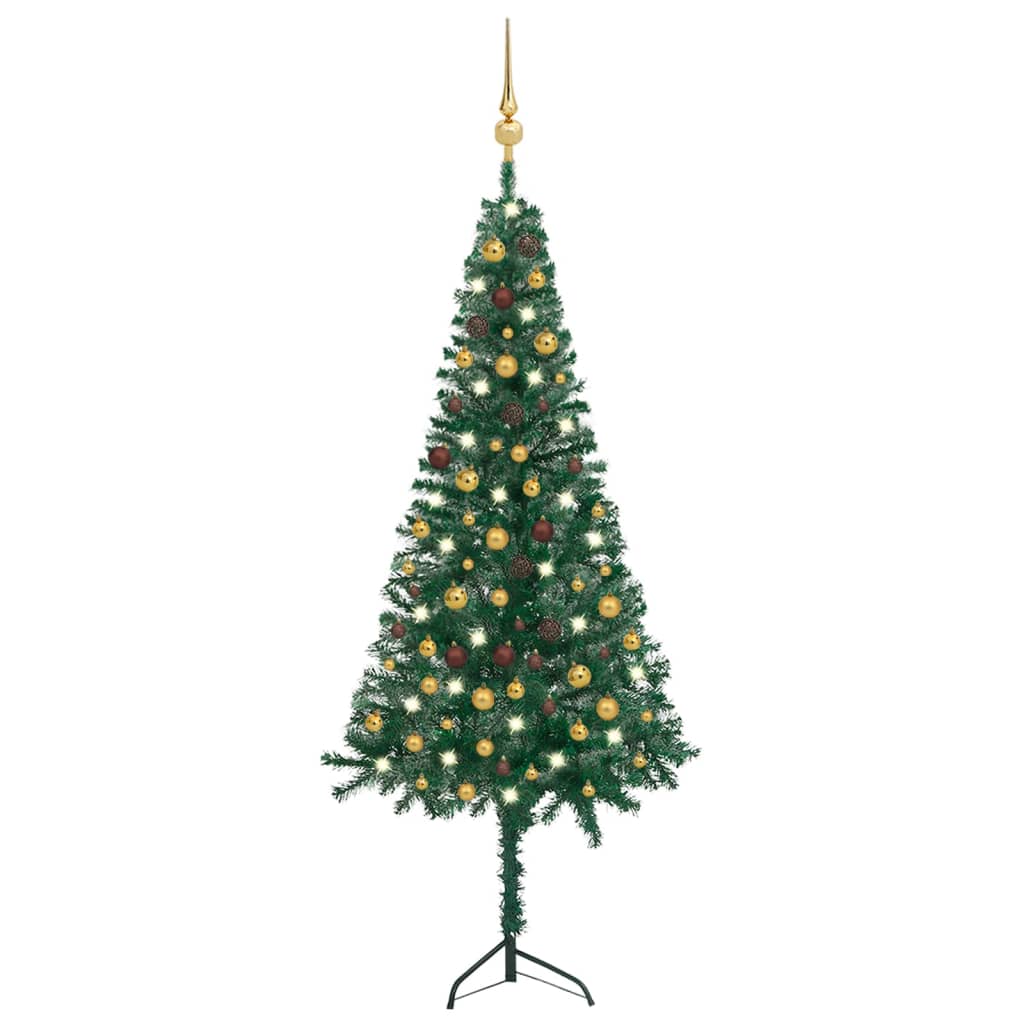 Künstlicher Eck-Weihnachtsbaum LEDs & Kugeln Grün 210 cm PVC