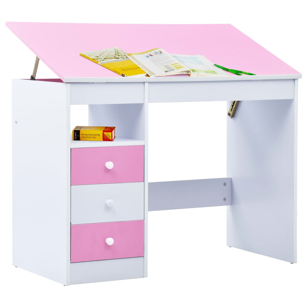 Children Drawing Study Desk Tiltable Pink and White
