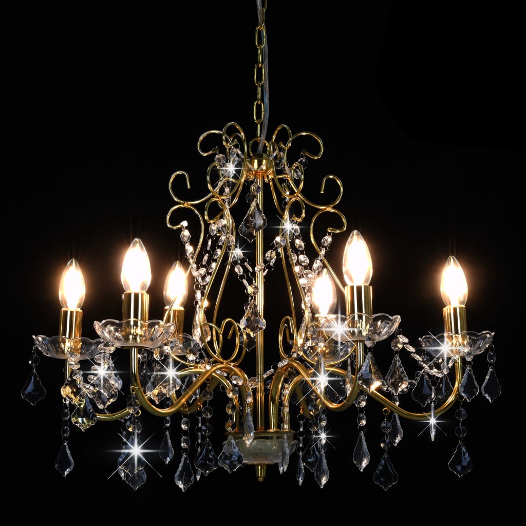Chandelier with Crystal Beads Golden Round 6 x E14