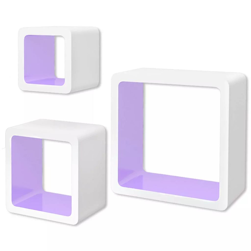 3er Set MDF Hängeregal Cube Regal Regalwürfel f. Bücher/DVD, weiss-lila