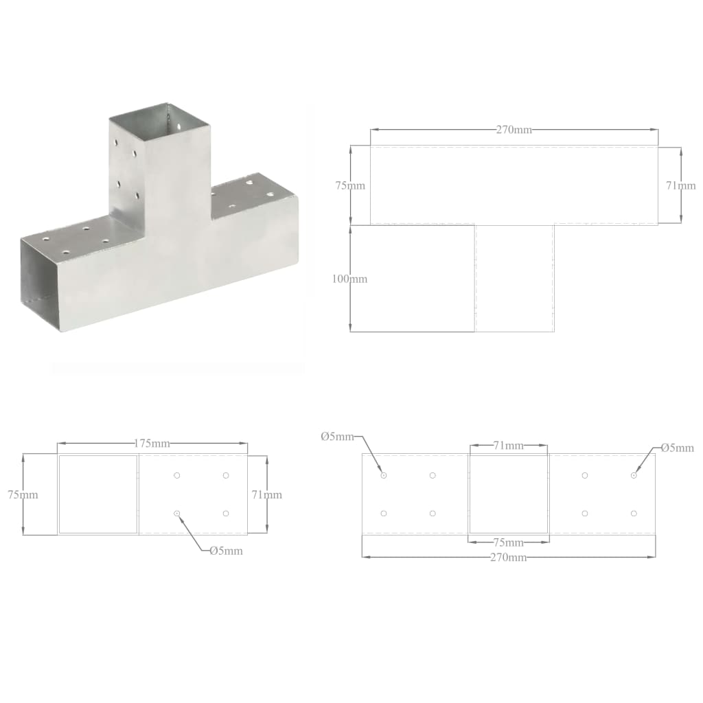 Post Connector T Shape Galvanised Metal 71x71 mm