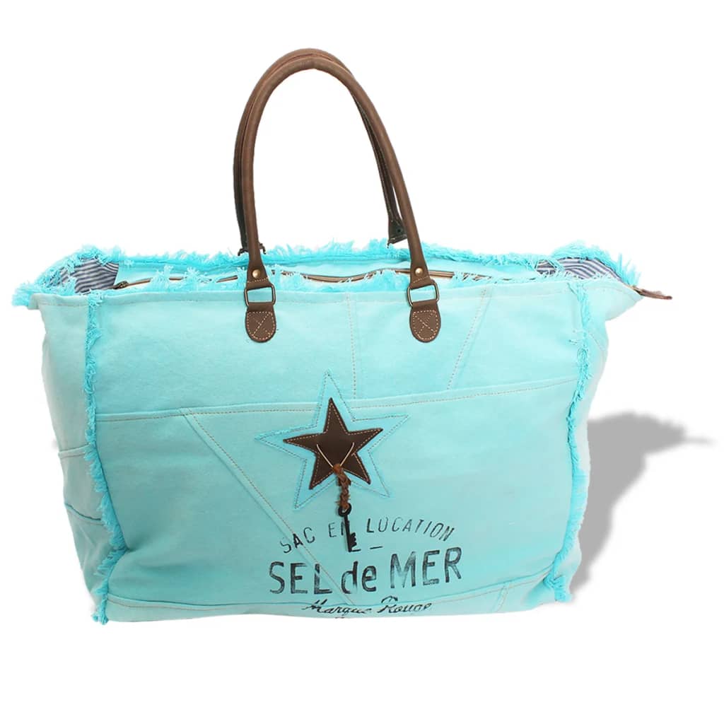 Beach Bag Canvas and Real Leather Blue