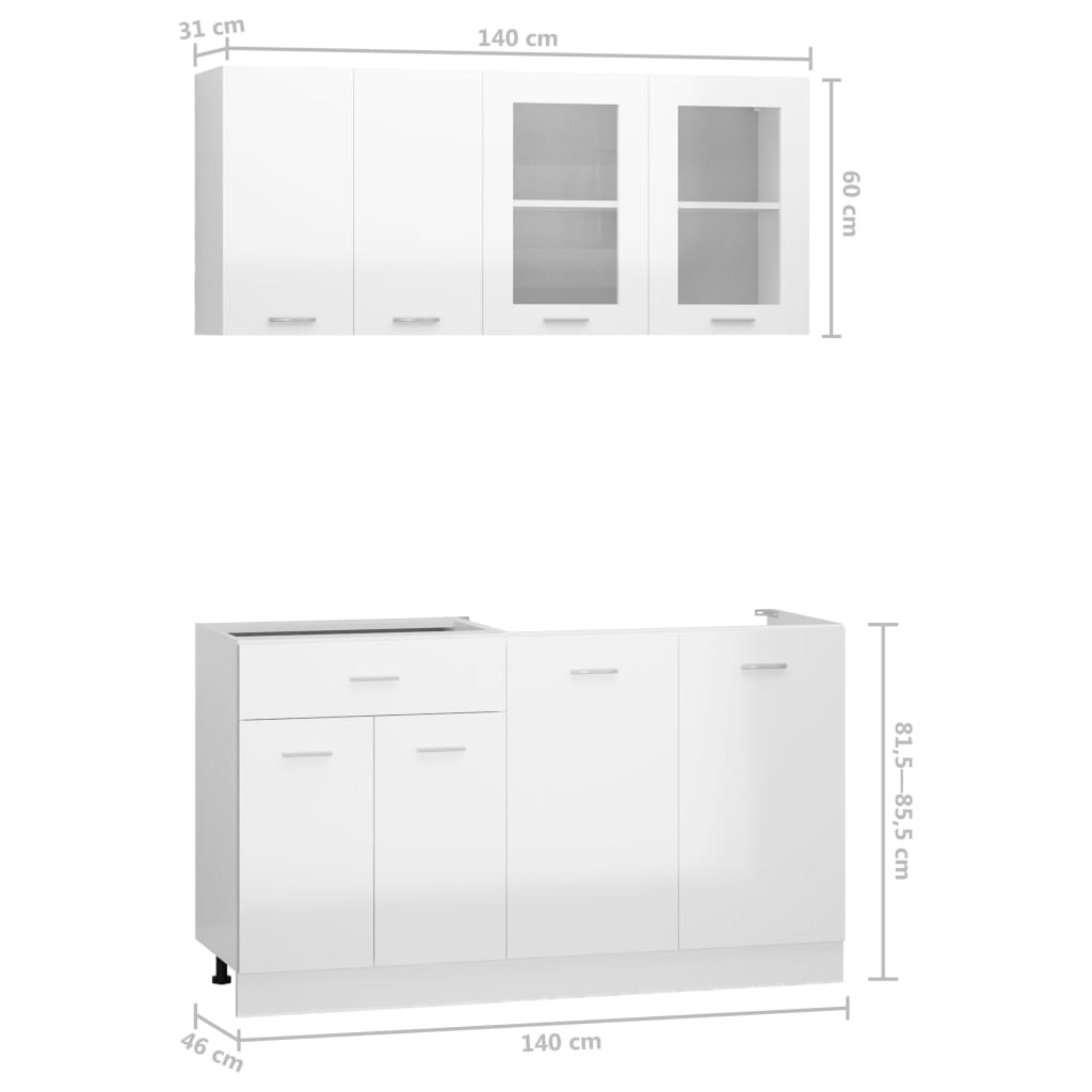 4 Piece Kitchen Cabinet Set High Gloss White Engineered Wood