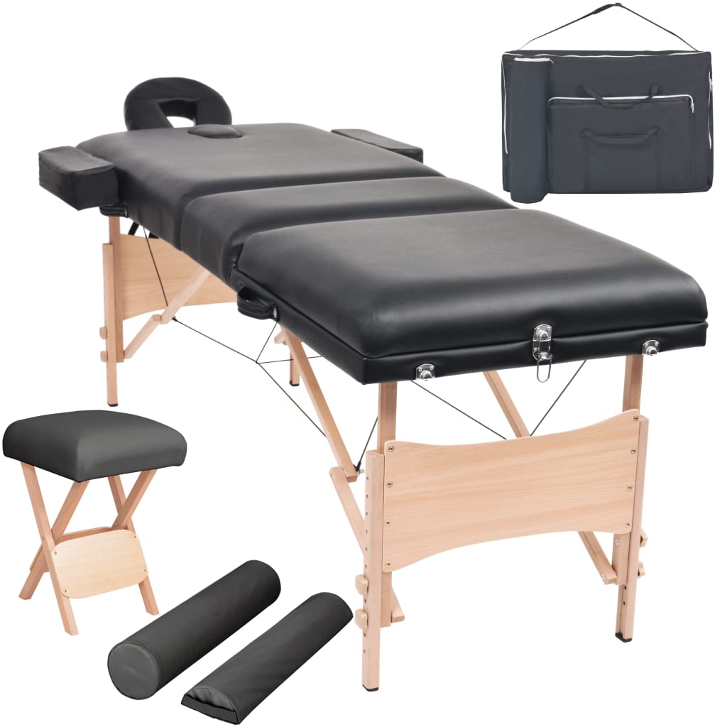 3-Zone Folding Massage Table and Stool Set 10 cm Thick Black
