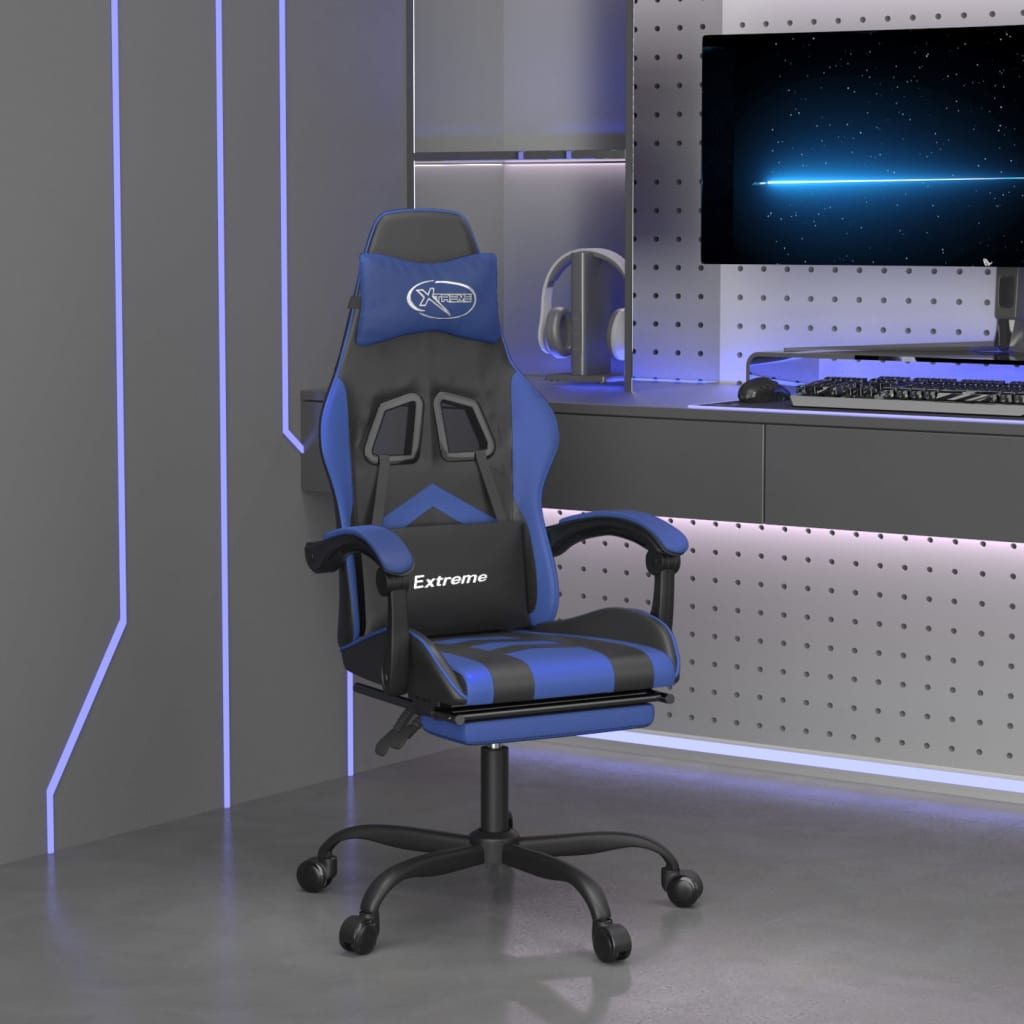 Gaming-Stuhl mit Fussstütze Drehbar Schwarz & Blau Kunstleder