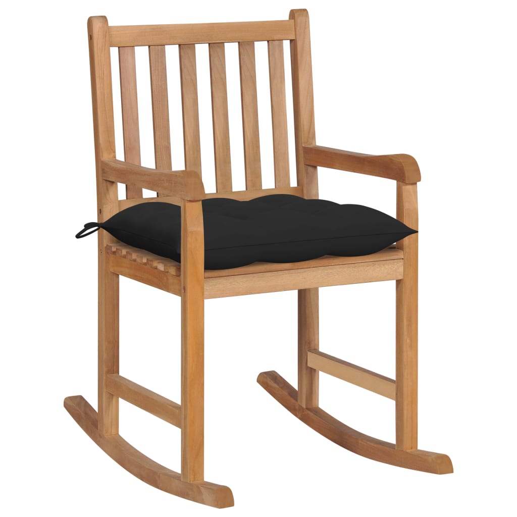 Chaise à bascule avec coussin noir Bois de teck solide