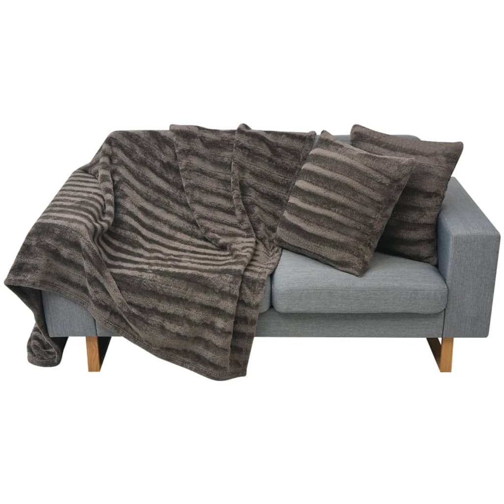 3-tlg. Sofaüberwurf- und Kissenbezug-Set Kunstfell Grau