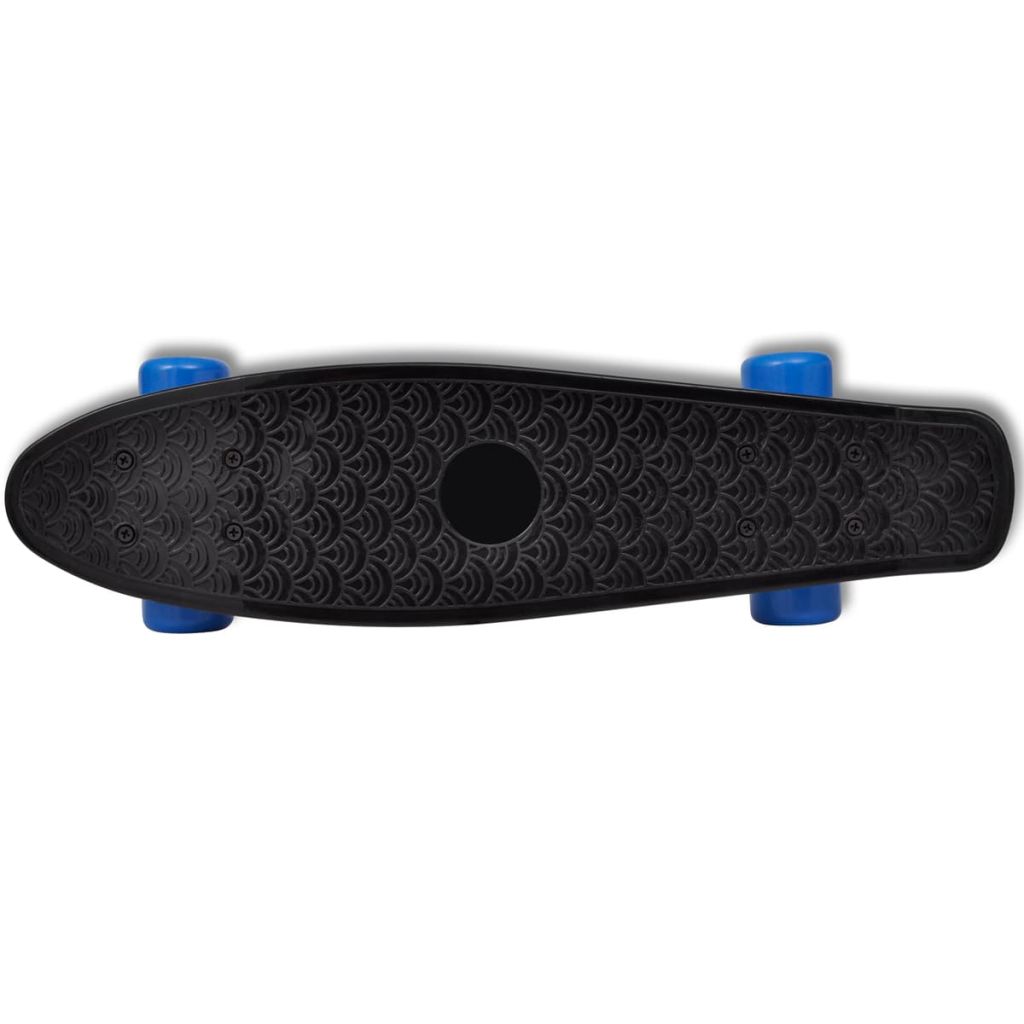 Retro-Skateboard mit schwarzem Deck und blauen Rollen 6,1"