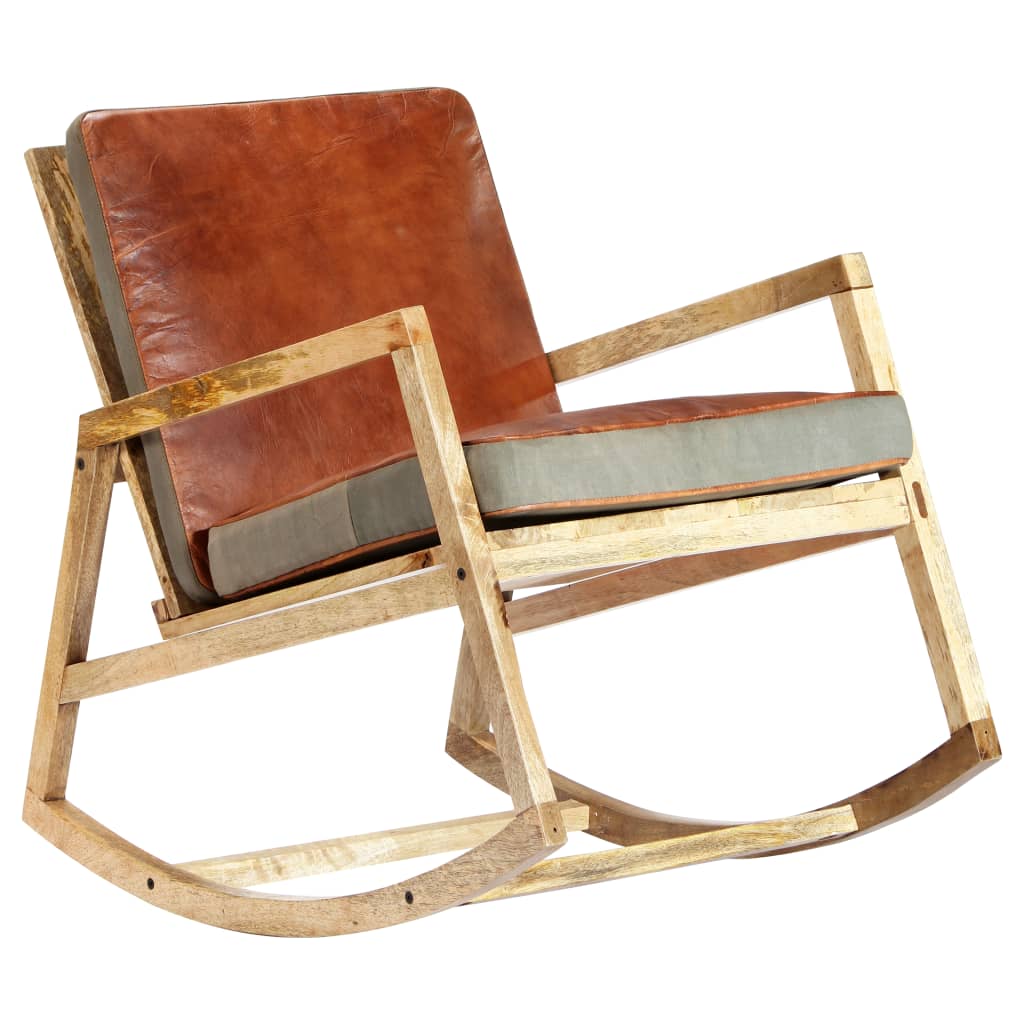 Rocking Chair Brown Real Leather and Solid Mango Wood