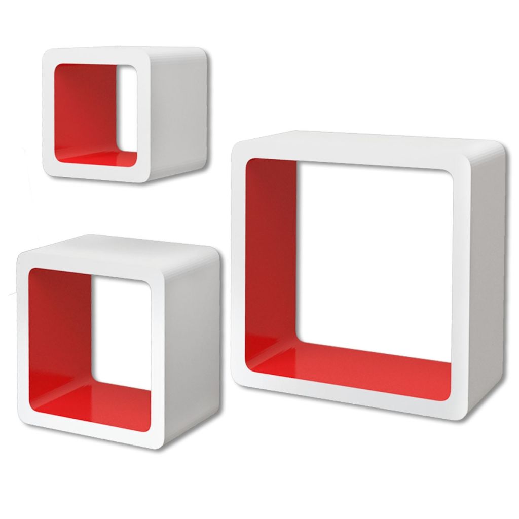 3er Set MDF Hängeregal Wandregal Cube Regal für Bücher/DVD, weiss-rot