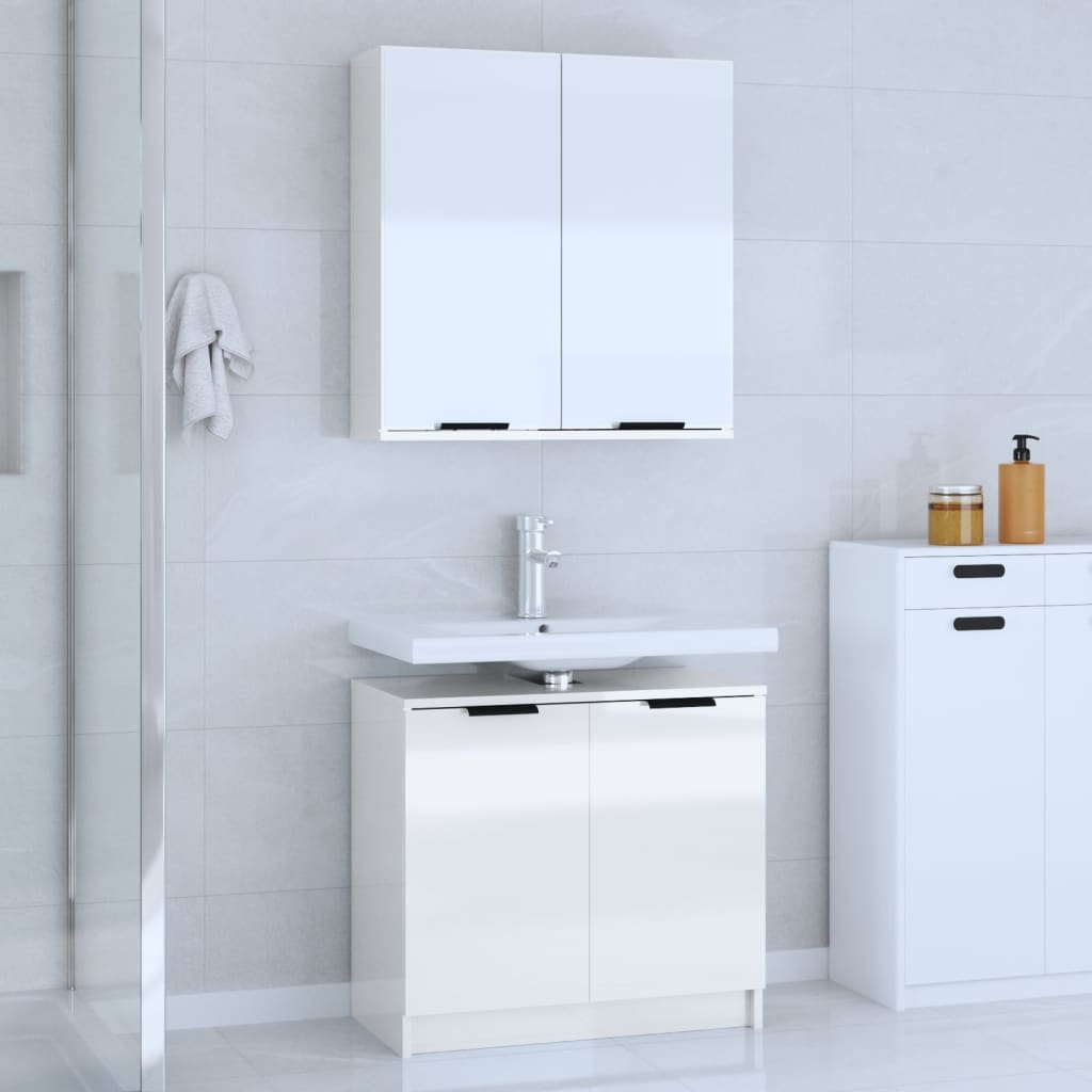 2 Piece Bathroom Cabinet Set High Gloss White Engineered Wood