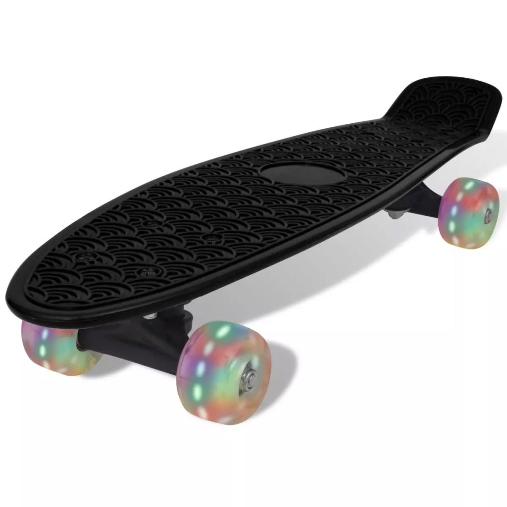 Skateboard, Schwarz Retro mit LED Rollen