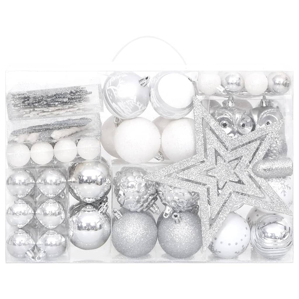108 Piece Christmas Bauble Set Silver and White