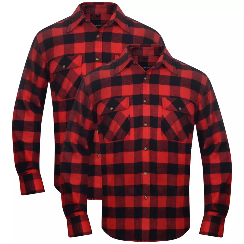 2 Men's Plaid Flannel Work Shirt Red-Black Checkered Size L
