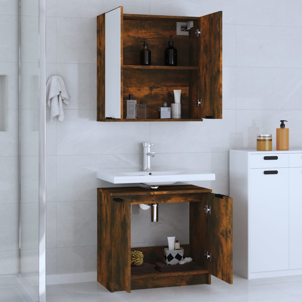 2 Piece Bathroom Cabinet Set Smoked Oak Engineered Wood