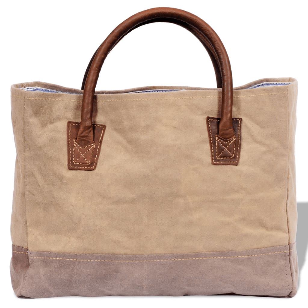 Canvas Real Leather Shopper Bag with Star Beige