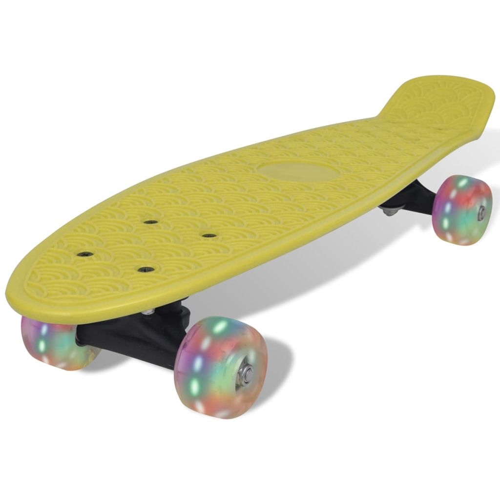 Skateboard, Gelb Retro mit LED Rollen