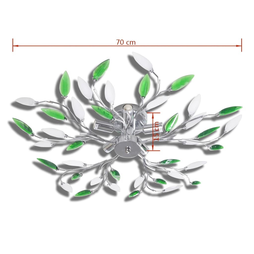 Deckenlampe güne und weisse Blätterranken mit Acryl-Blättern 5x E14