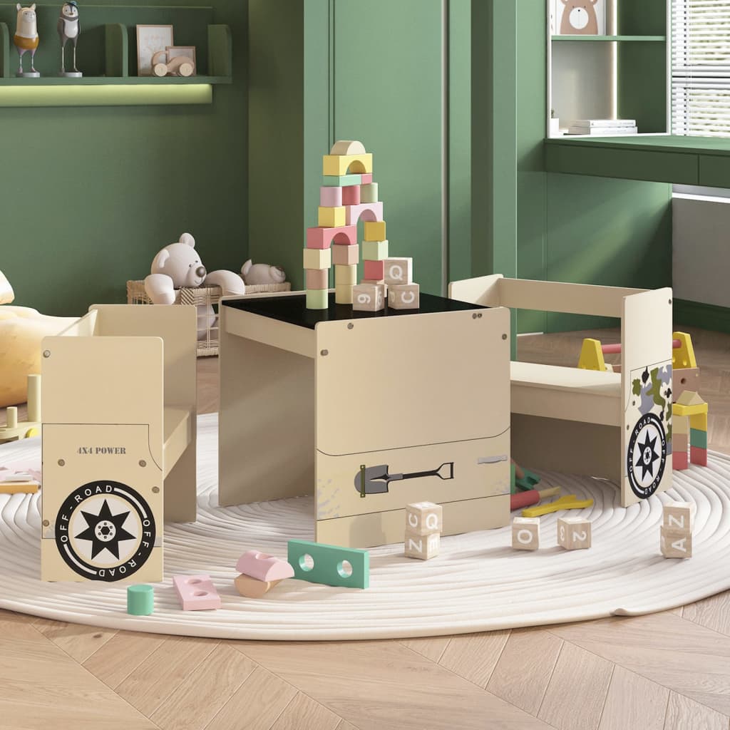 3 Piece Kids Table and Chair Set Off-road Car Design MDF