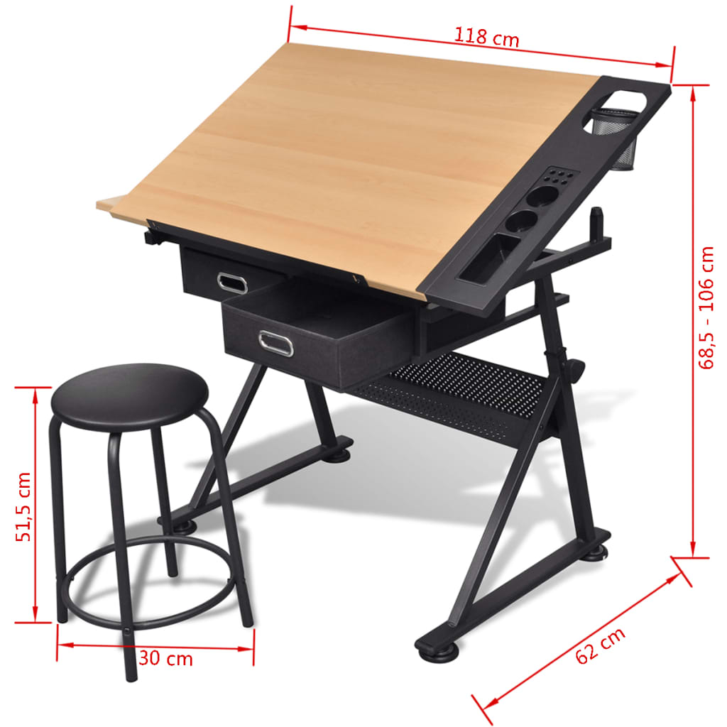 Table à dessin inclinable 2 tiroirs et tabouret