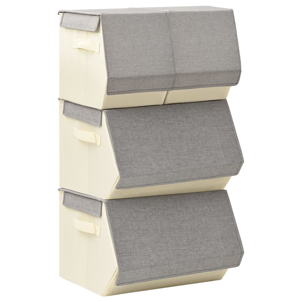 Stackable Storage Box Set of 4 Pieces Fabric Grey & Cream
