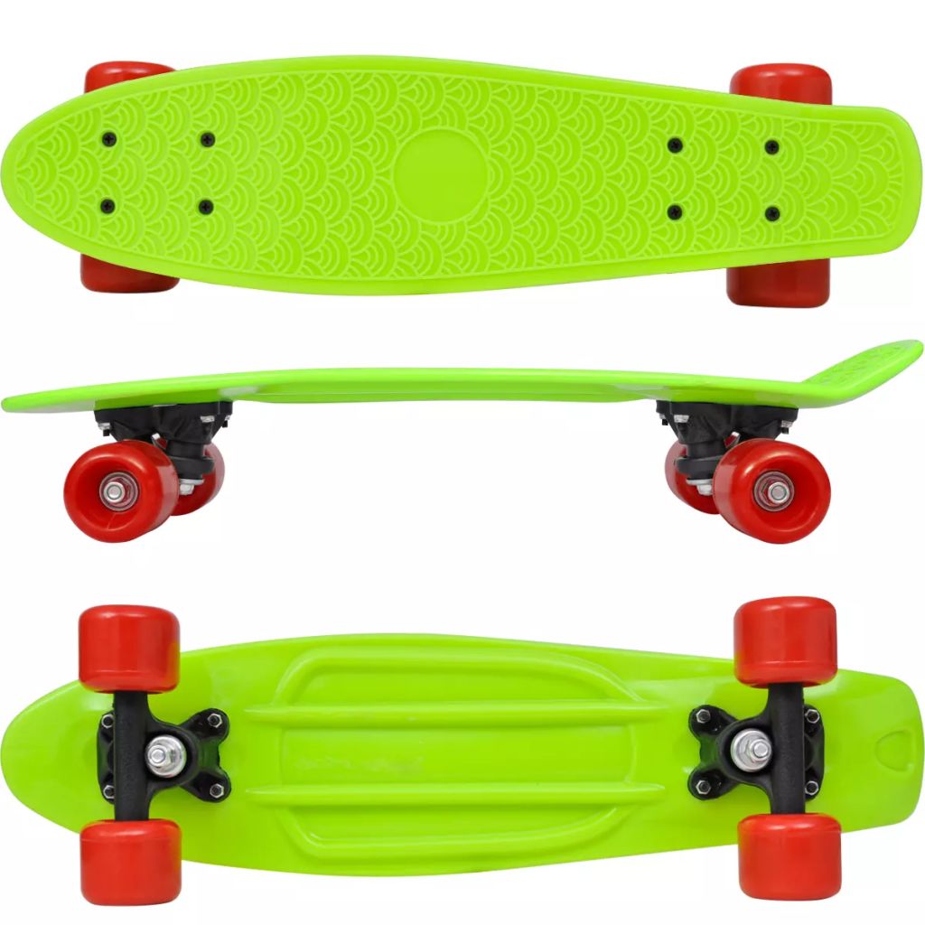 Retro-Skateboard mit grünem Deck und roten Rollen 6,1"