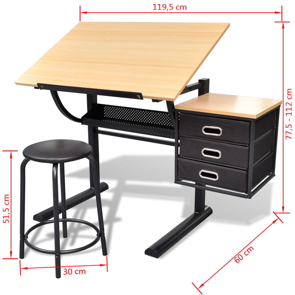 Table à dessin inclinable à 3 tiroirs avec tabouret 