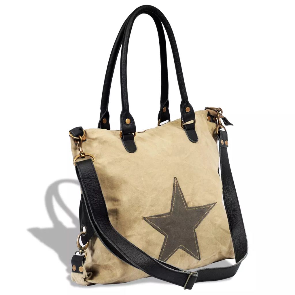 Canvas Echtleder Damentasche Shopper Tasche mit Stern beige
