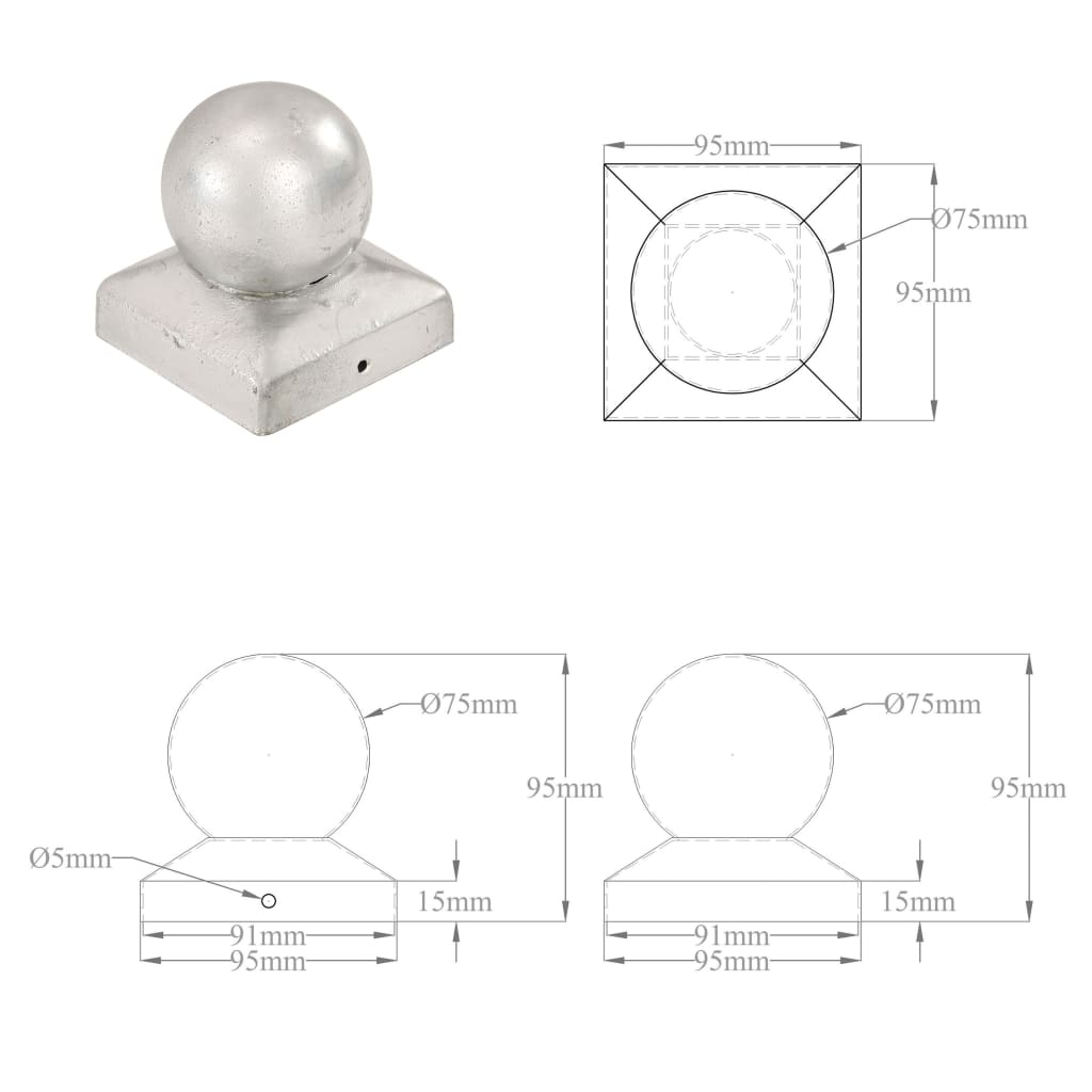 Pfostenkappen 6 Stk. Kugelform Verzinktes Metall 91 x 91 mm 