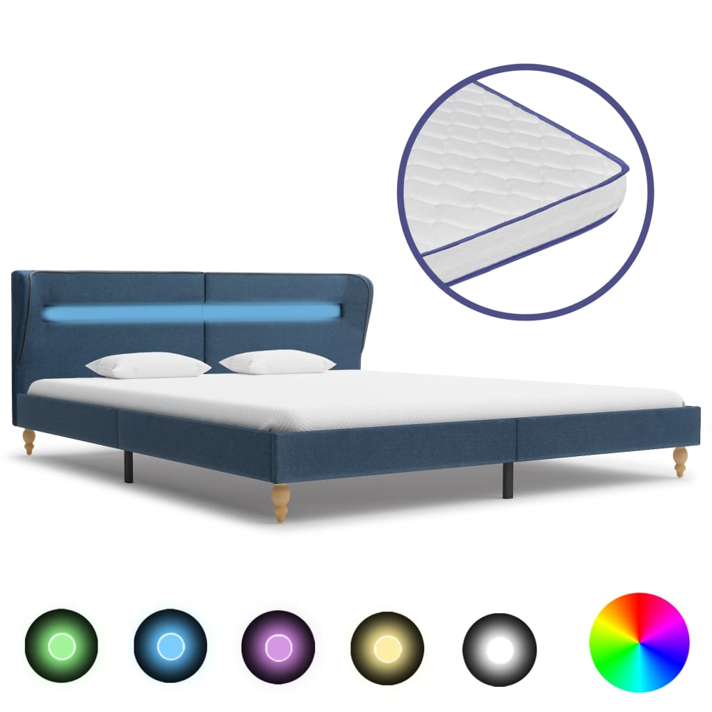 Bett mit LED und Memory-Schaum-Matratze Blau Stoff 180×200 cm