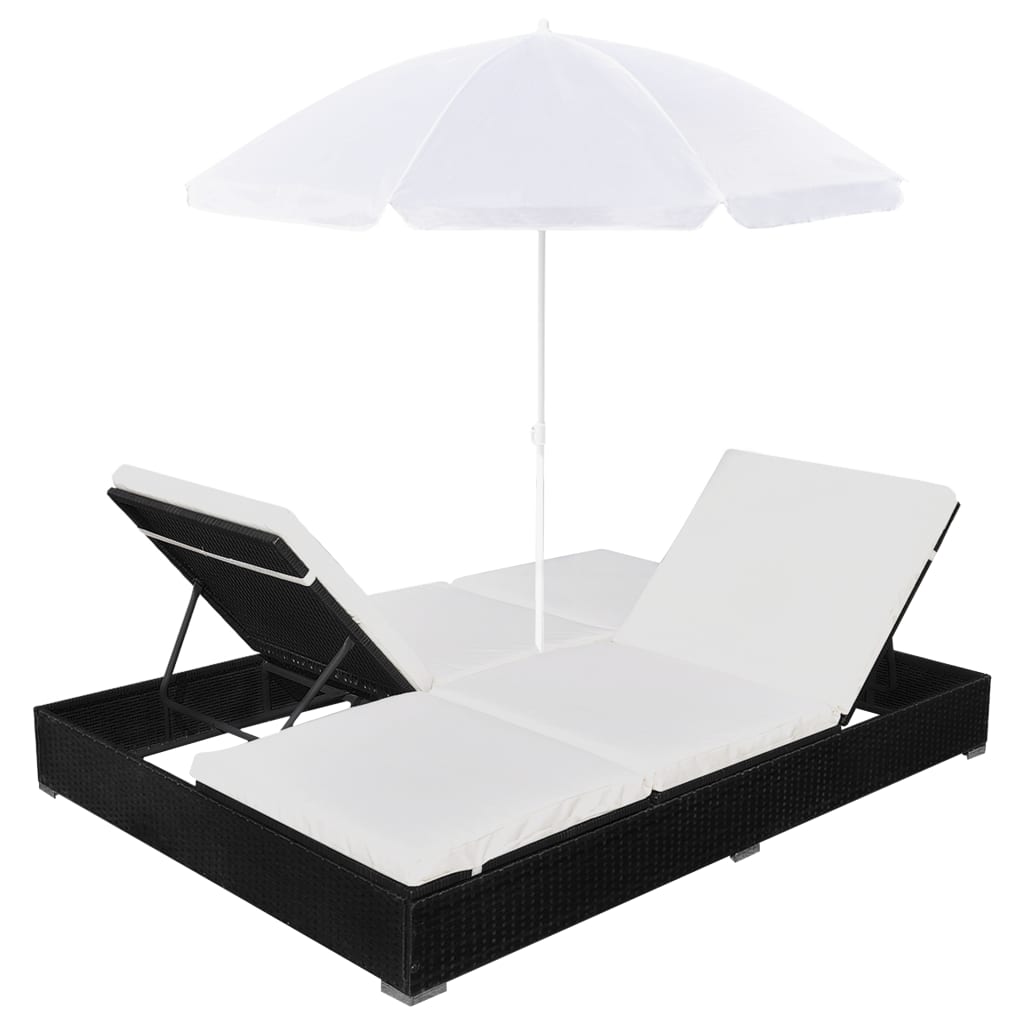 Chaise longue d'extérieur avec parasol Résine tressée Noir