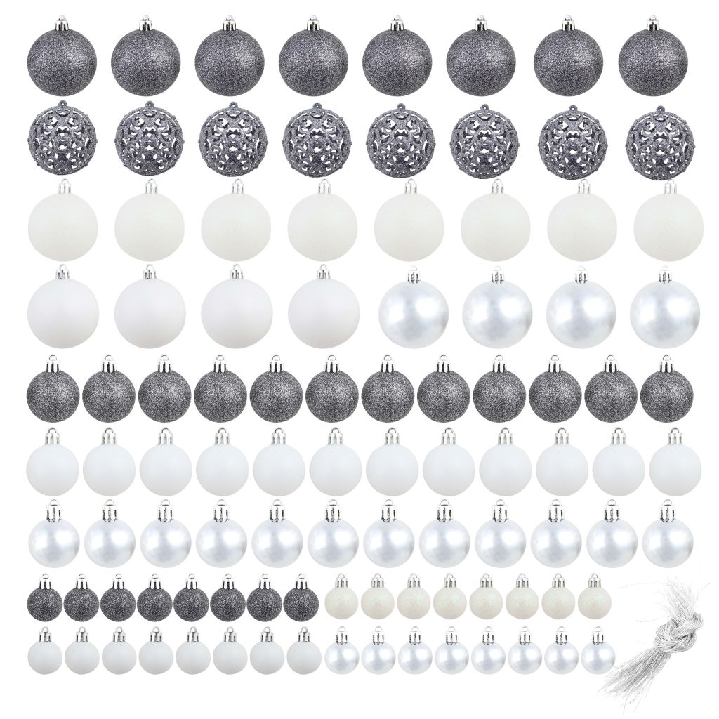 100-tlg. Weihnachtskugel-Set 3/4/6 cm Weiss/Grau