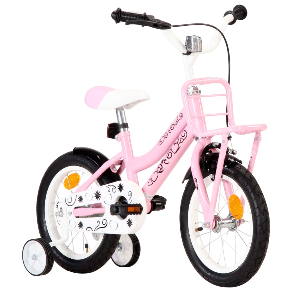 Vélo enfant avec porte-bagages avant 14 pouces Blanc et rose 