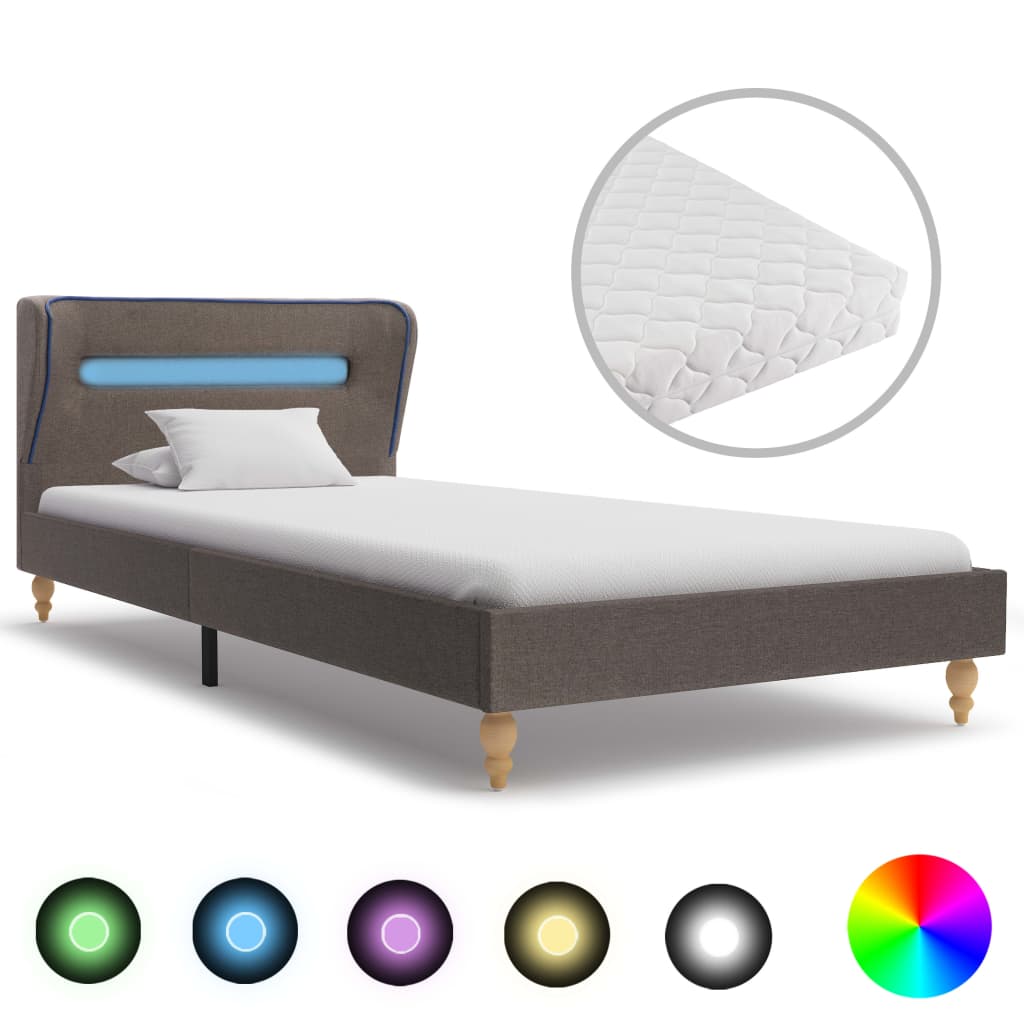 Bett mit LED und Matratze Taupe Stoff 90 x 200 cm