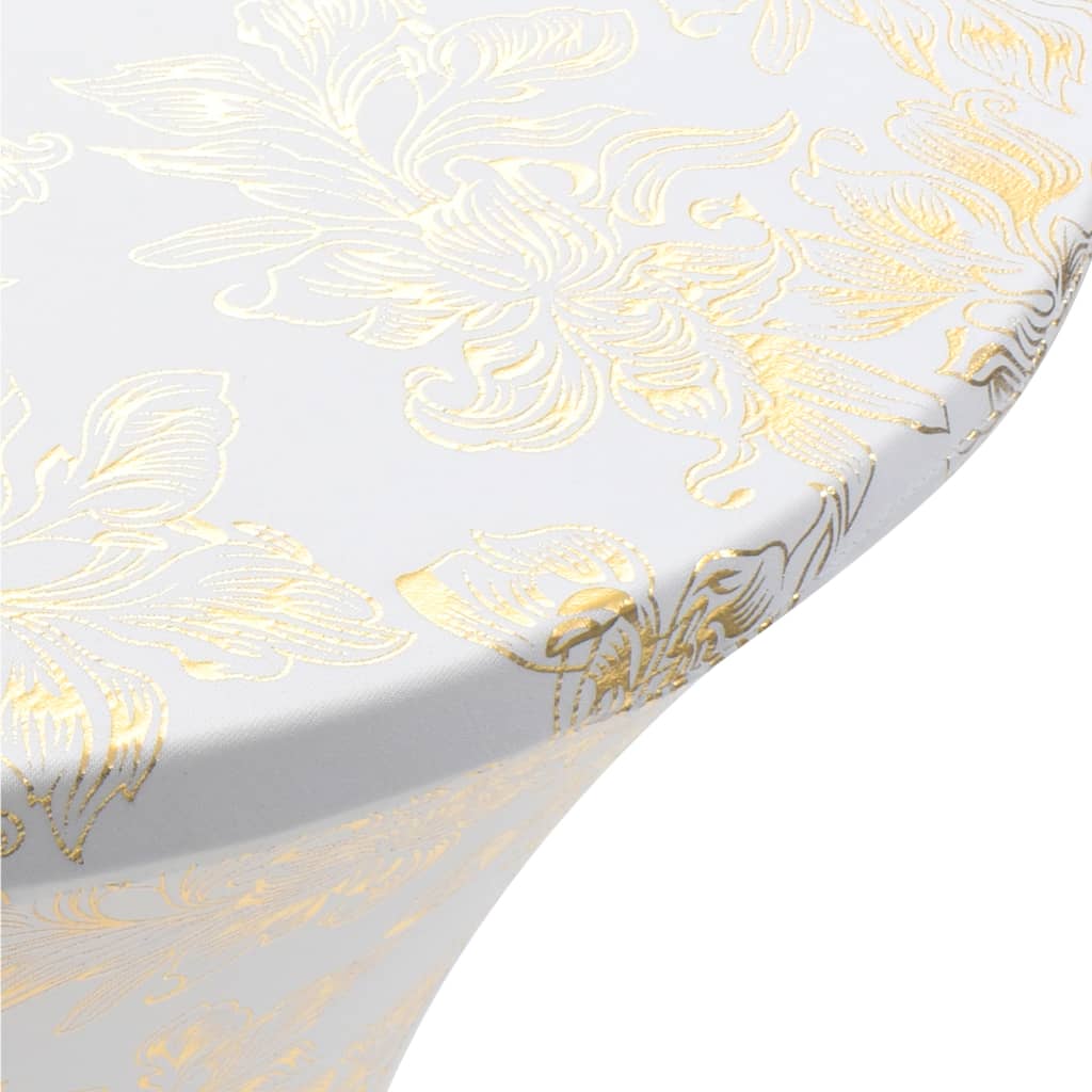 2 Stück Stretch-Tischdecken Weiss mit goldenem Druck 60 cm