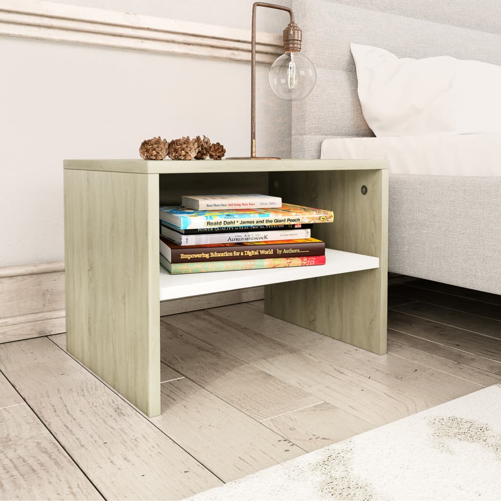 2x Bedside Cabinets White and Sonoma Oak 40x30x30cm Chipboard