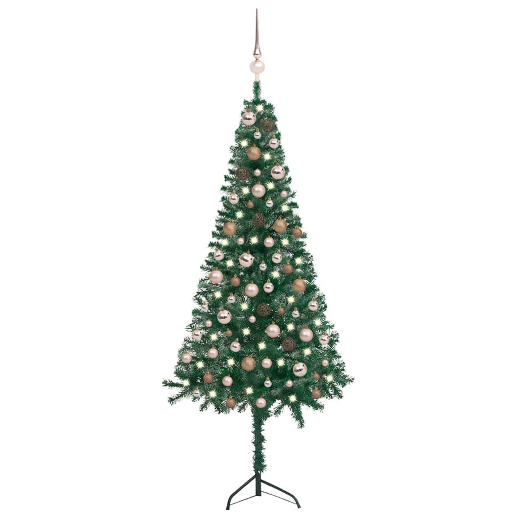 Künstlicher Eck-Weihnachtsbaum LEDs & Kugeln Grün 150 cm PVC 