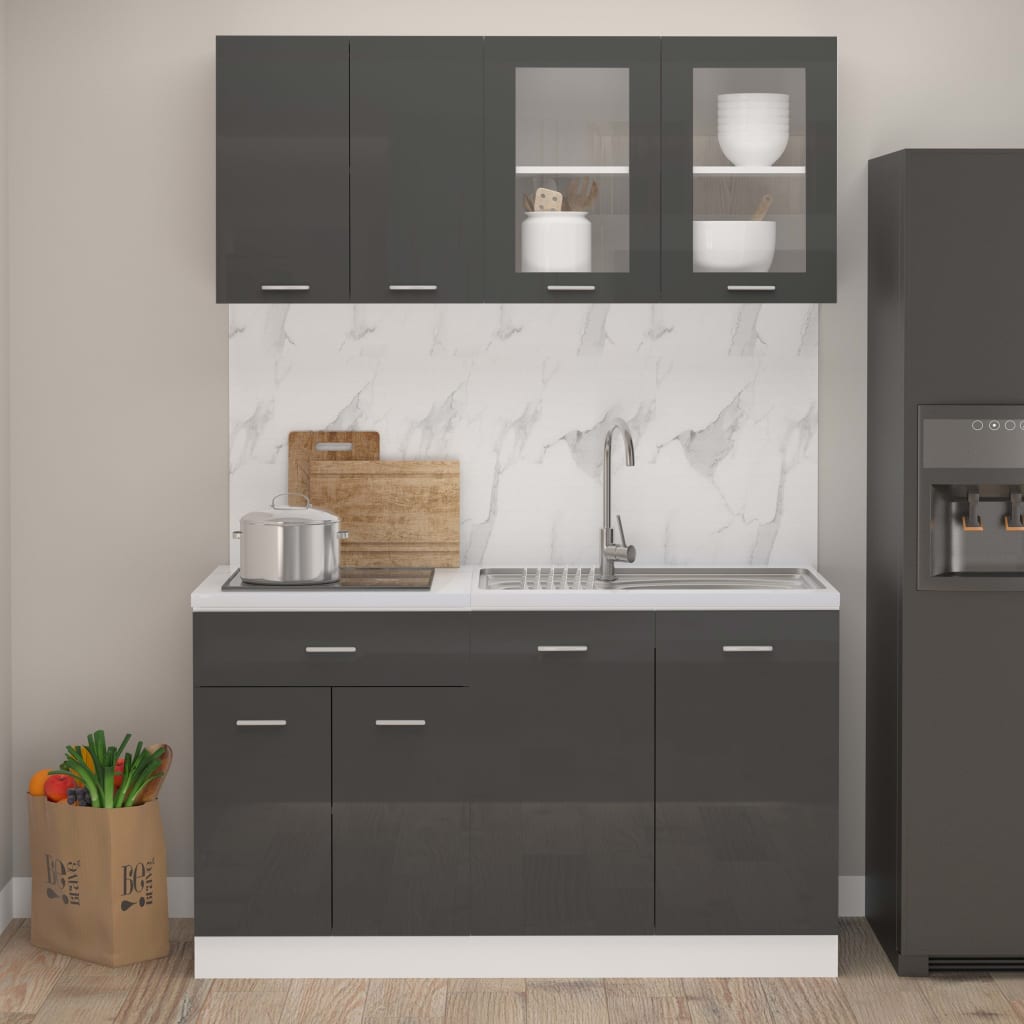 4 Piece Kitchen Cabinet Set High Gloss Grey Chipboard