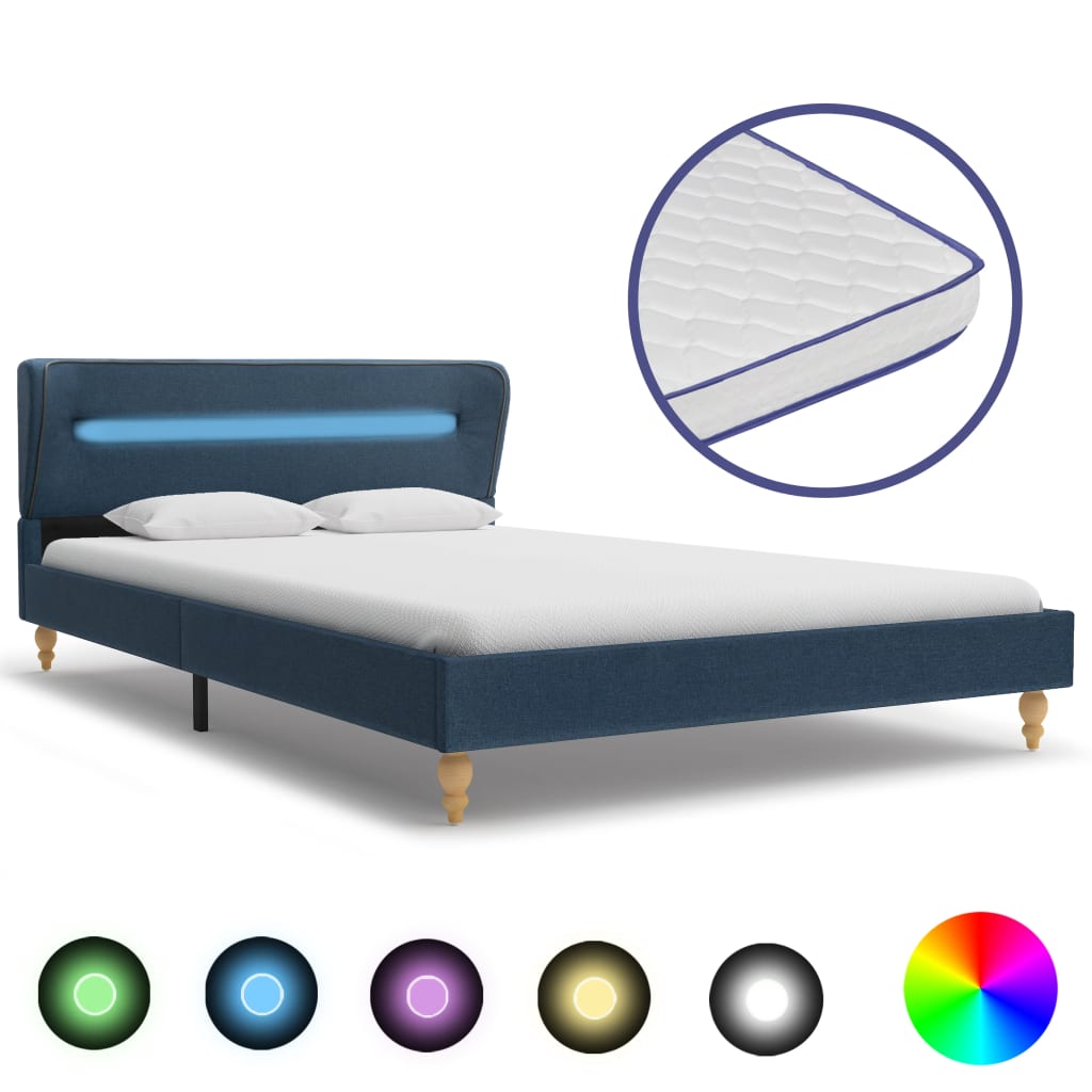 Bett mit LED und Memory-Schaum-Matratze Blau Stoff 140×200 cm