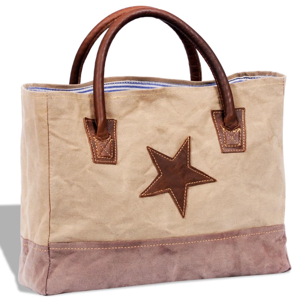 Canvas Echtleder Shopper Tasche Damentasche mit Stern beige