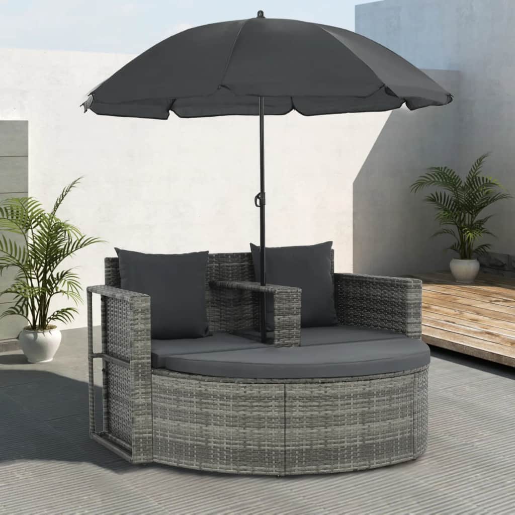 2-Sitzer-Gartensofa mit Auflagen und Sonnenschirm Grau Poly Rattan