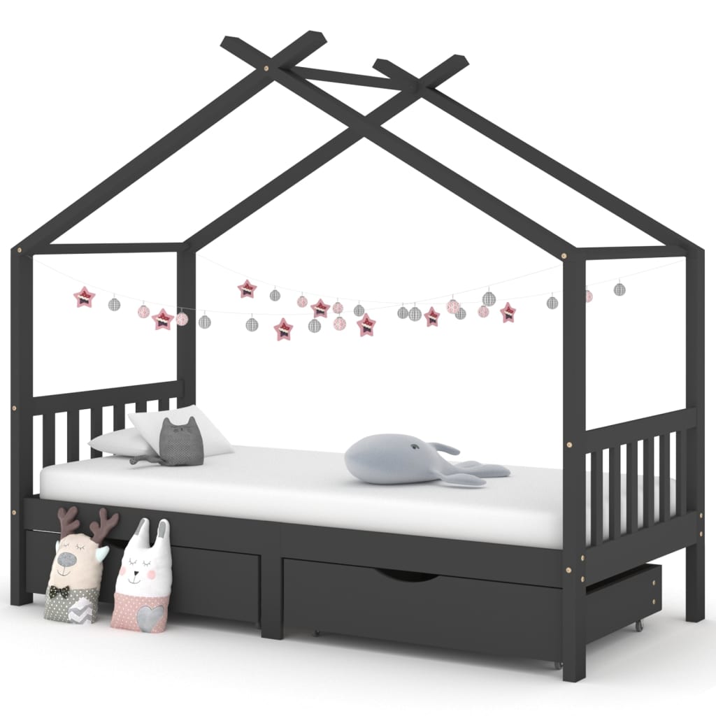 Kids Bed Frame with Drawers Dark Grey Solid Pine Wood 90x200cm