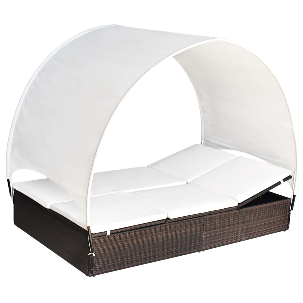 Double Sun Lounger with Canopy Poly Rattan Brown