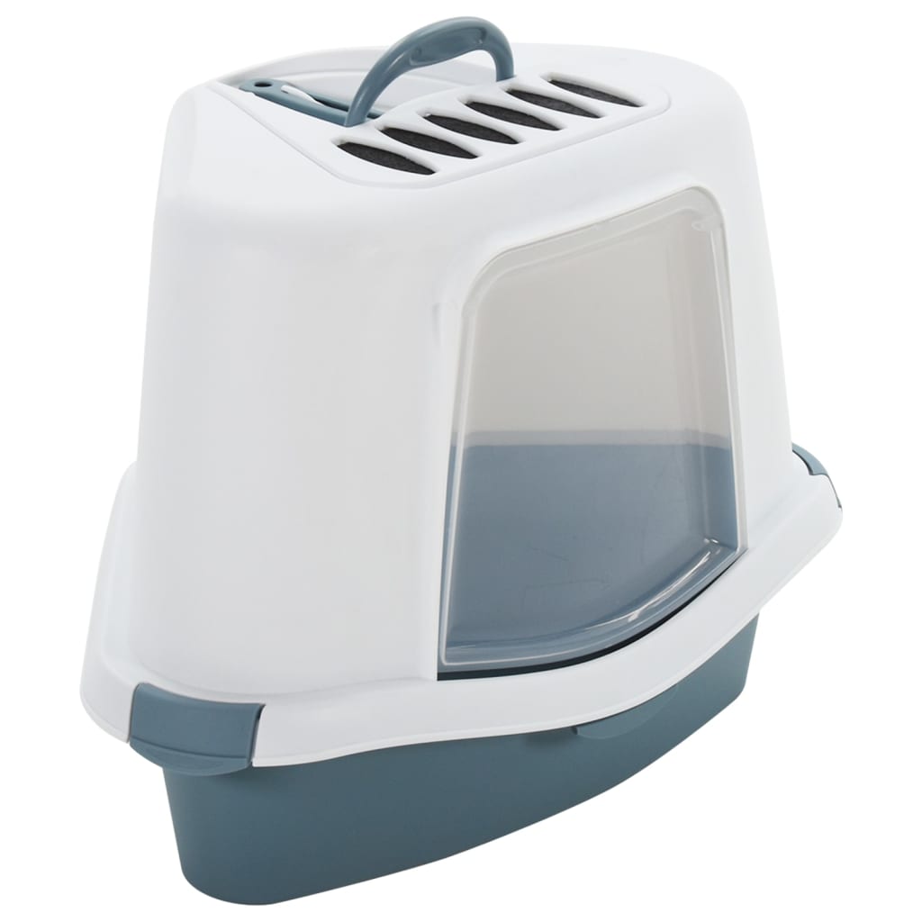 Cat Litter Tray with Cover White and Blue 56x40x40cm PP