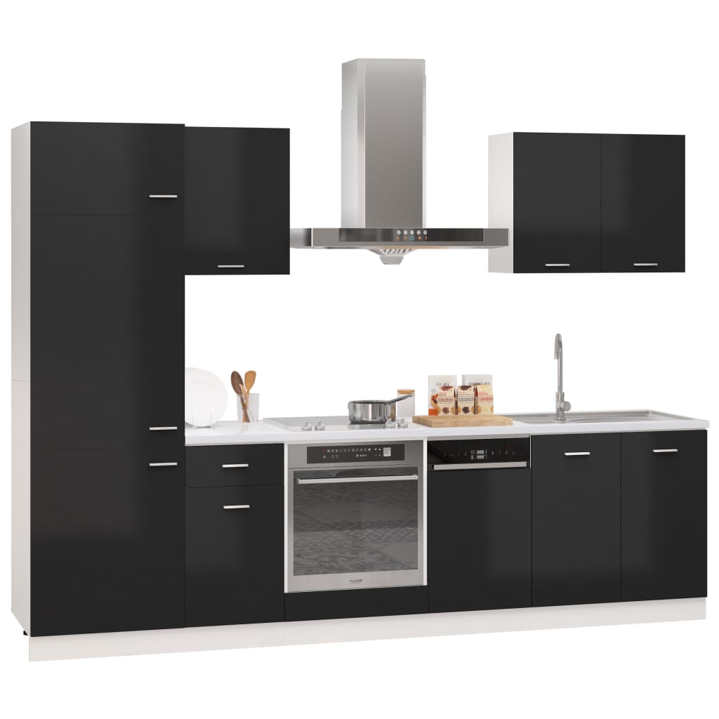 7 Piece Kitchen Cabinet Set High Gloss Black Chipboard