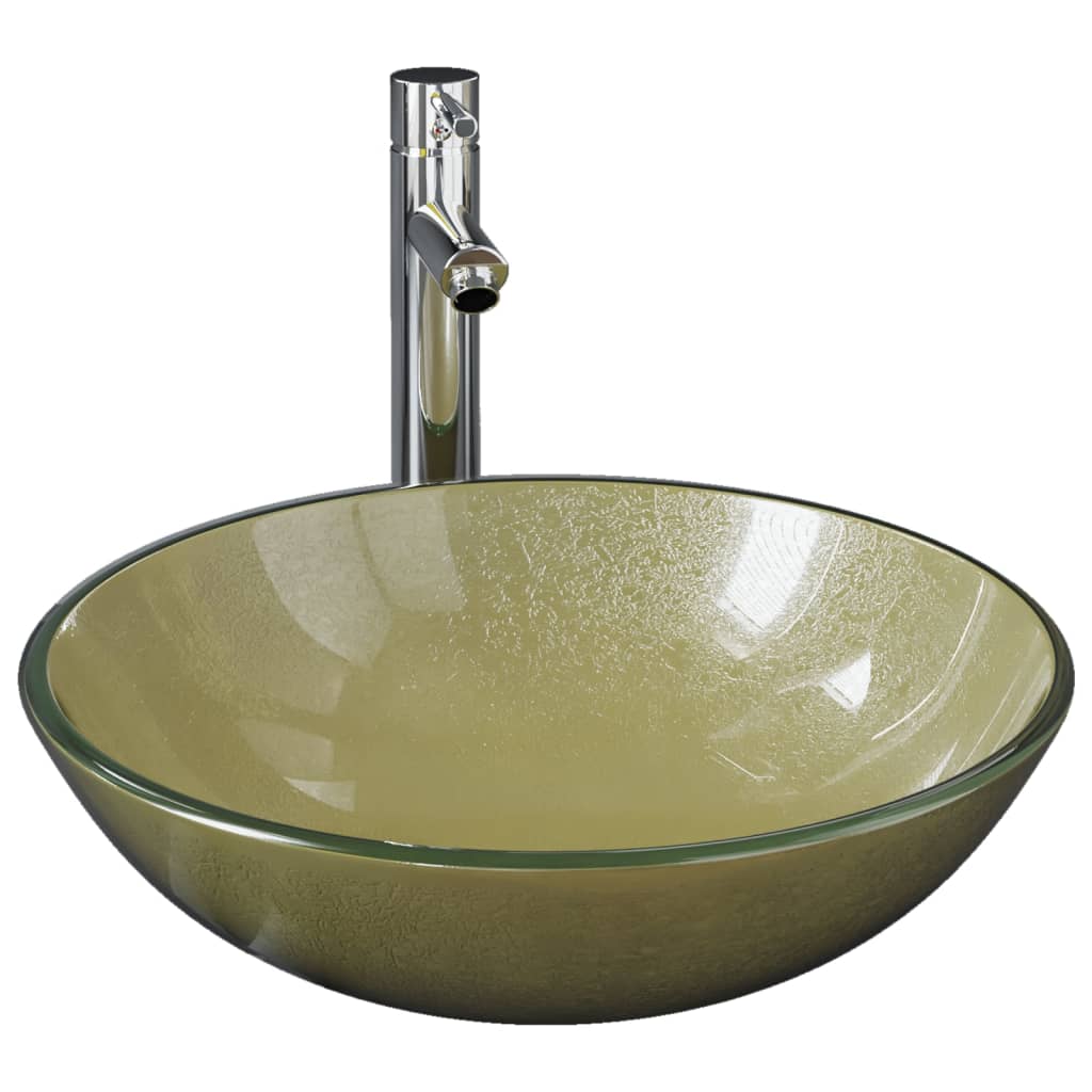 Badezimmer Waschbecken mit Wasserhahn und Ablaufgarnitur Gold gehärtetes Glas
