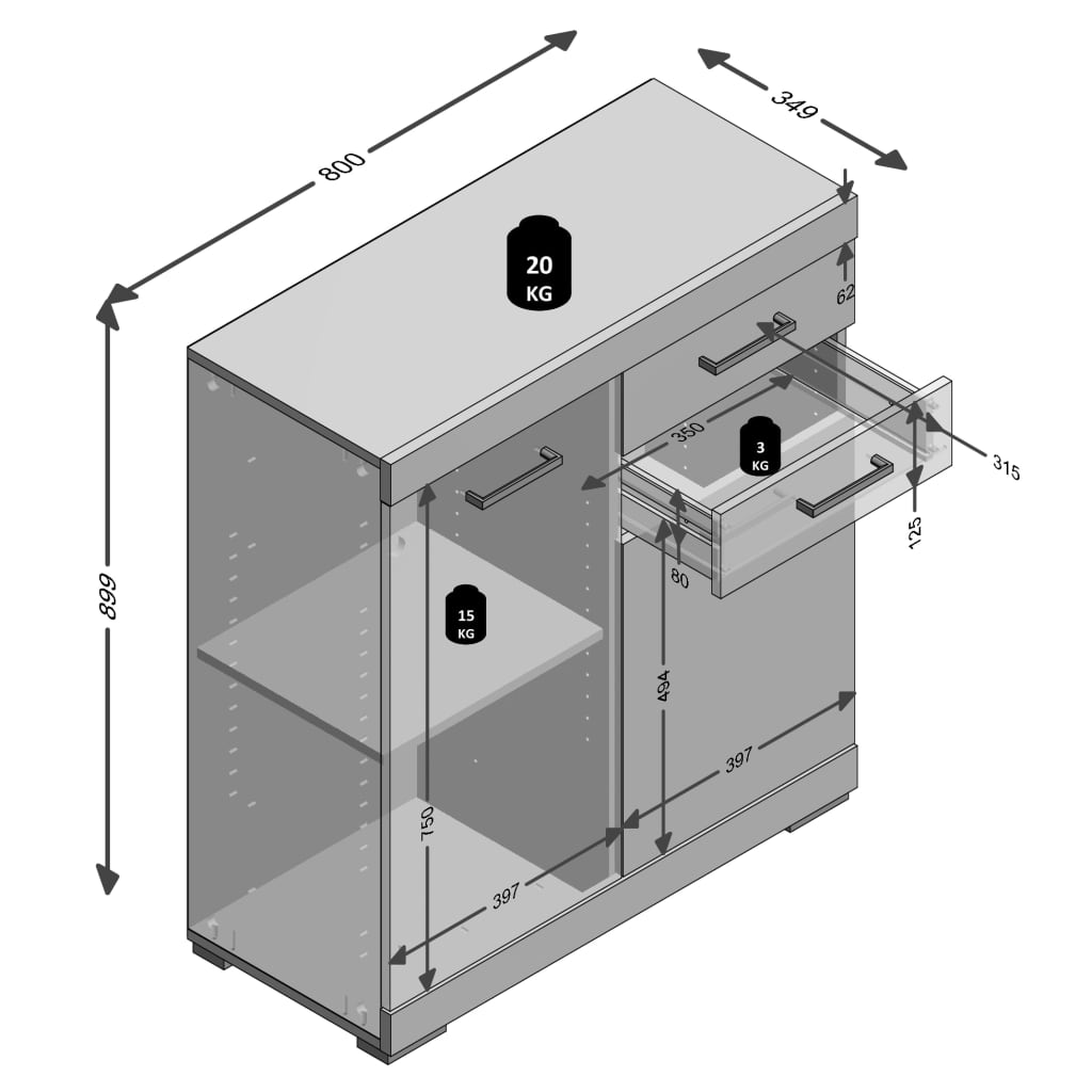 FMD Kommode mit 2 Türen & 2 Schubladen 80×34,9×89,9 cm Weiss/Eichen