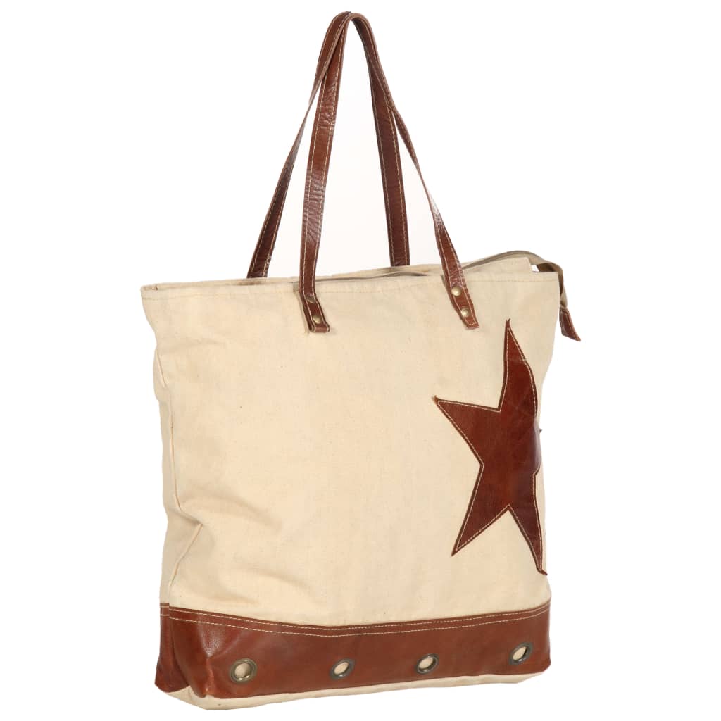 Shopper Bag Beige 48x61 cm Canvas and Real Leather