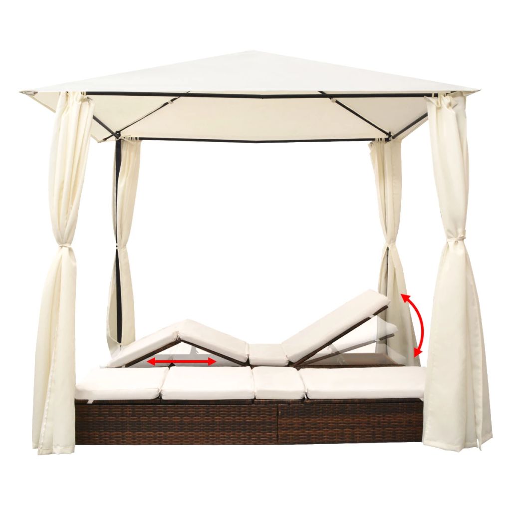 Double Sun Lounger with Curtains Poly Rattan Brown