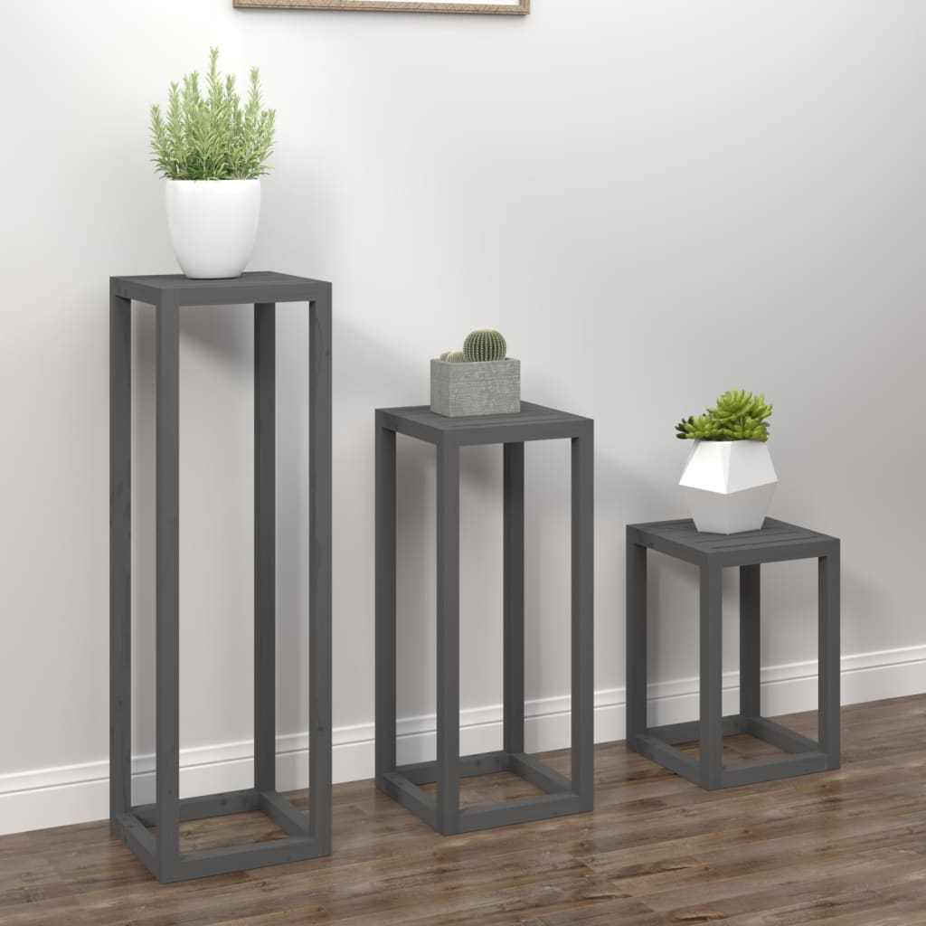 3 Piece Plant Stand Set Grey Solid Wood Pine